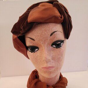 Vintage 1950s Brown Velvet and Satin Ladies' Hat